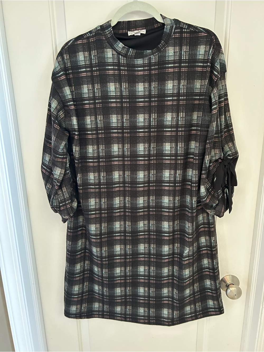 Plaid Shift Dress with Tie-Sleeve Detail - Black and Teal
